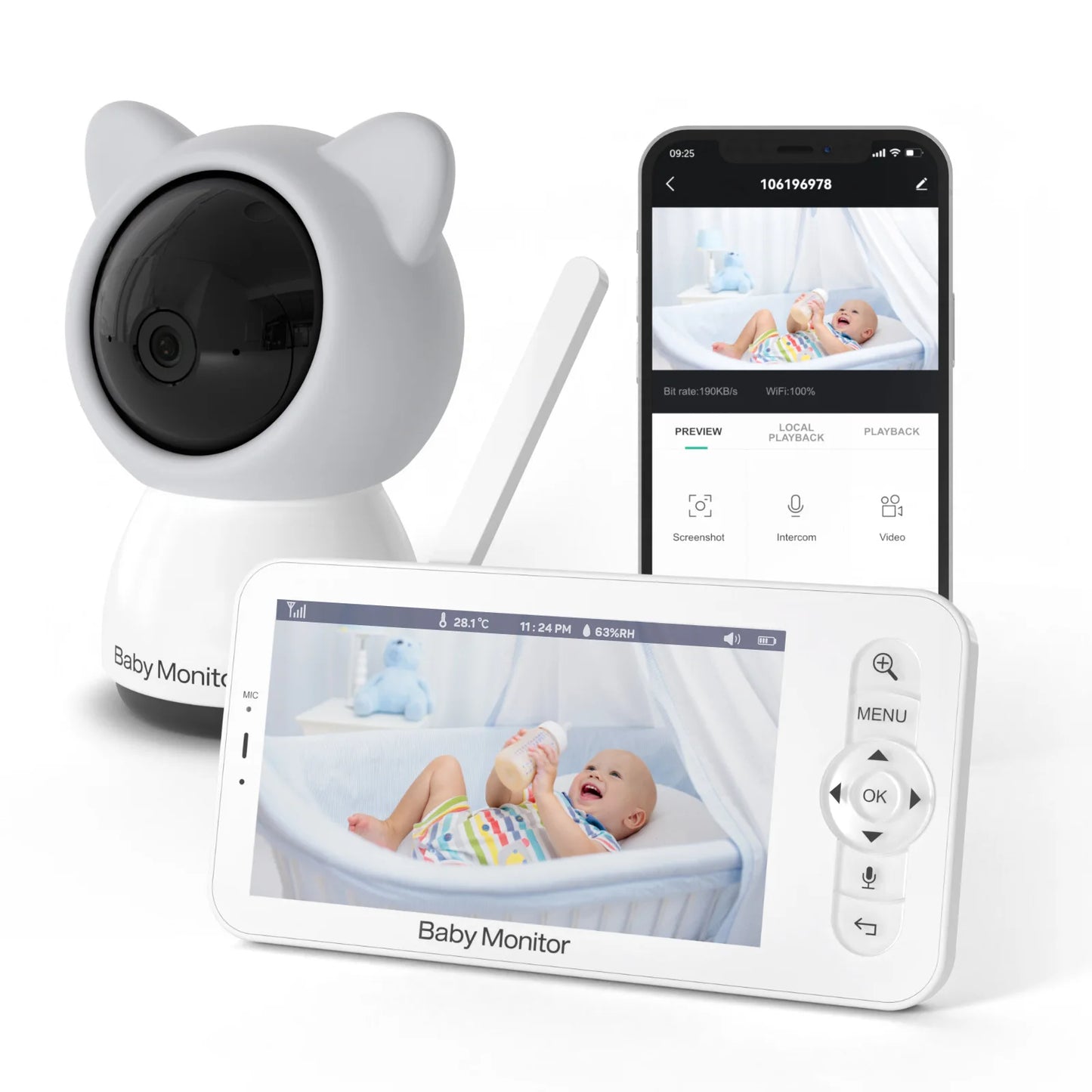 HD 5 Inch Video Monitor, LCD Mobile phone  APP Control Lullabies, For New Born